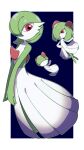 :o absurdres afuron border closed_mouth colored_skin commentary_request evolutionary_line flipped_hair gardevoir green_hair highres kirlia looking_at_another open_mouth pokemon pokemon_(creature) ralts red_eyes smile white_border white_skin 