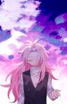  1boy black_vest blue_sky closed_eyes closed_mouth cloud cloudy_sky facing_viewer hatsutori_hajime highres long_hair male_focus multicolored_sky outstretched_arm pink_hair purple_sky saibou_shinkyoku sakuraihum shirt sky smile solo turtleneck vest white_shirt white_sky 