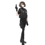  1girl arm_up artist_request badge black_footwear black_gloves black_pants black_shirt black_vest boots brown_hair closed_mouth expressionless foot_out_of_frame full_body girls&#039;_frontline gloves grey_eyes gun hair_over_one_eye handgun holding holding_gun holding_weapon holster long_hair looking_at_viewer official_art pants ponytail pouch romy_riefenstahl shirt short_sleeves simple_background snap-fit_buckle solo standing thigh_holster transparent_background trigger_discipline vest weapon weapon_request 