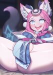  1girl :d absurdres ahri_(league_of_legends) animal_ears ass bow breasts cleavage fangs fox_ears fox_girl fox_tail green_eyes highres large_breasts league_of_legends long_hair looking_at_viewer no_panties pink_bow pink_hair pussy pussy_peek smile snow_moon_ahri solo spread_legs strongbana tail teeth tongue tongue_out web_address 
