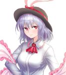  1girl ascot black_headwear bow breasts closed_mouth commentary frilled_shawl frills hat hat_bow long_sleeves looking_at_viewer nagae_iku purple_hair red_ascot red_bow red_eyes s-a-murai shawl short_hair simple_background solo touhou upper_body v-shaped_eyebrows white_background 