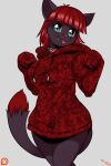  2:3 animal_humanoid anthro cat_humanoid clothed clothing cute_fangs euyoshi89 felid felid_humanoid feline feline_humanoid female hair hi_res humanoid lucky_(ralsei746) mammal mammal_humanoid oversized_hoodie partially_clothed red_hair smile solo tongue tongue_out 