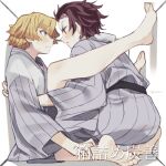  2boys agatsuma_zenitsu barefoot blonde_hair brown_hair closed_mouth cramped earrings eye_contact feet from_side japanese_clothes jewelry kaawaisann kamado_tanjirou kimetsu_no_yaiba kimono legs looking_at_another male_focus multiple_boys profile red_eyes scar scar_on_face scar_on_forehead simple_background soles sweat toenails toes wide_sleeves yaoi yellow_eyes yukata 