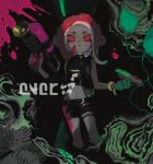  1girl agent_8_(splatoon) azigashimitoru black_shorts closed_mouth colored_skin grey_skin highres holding holding_weapon intravenous_drip looking_at_viewer midriff multicolored_skin octoling octoling_girl red_eyes red_hair shorts single_sleeve solo splatoon_(series) splatoon_2 splatoon_2:_octo_expansion tentacle_hair thigh_strap weapon 