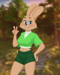  2023 amiliya anthro biped black_nose blue_eyes blush bottomwear breasts brown_body brown_fur clothed clothing crossgender digital_media_(artwork) female fur hi_res lagomorph leporid mammal metalslayer nu_pogodi rabbit russian shorts smile solo soviet_cartoon soyuzmultfilm tan_body tan_fur zayats 