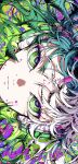  1boy absurdres blue_hair close-up closed_mouth expressionless green_eyes green_hair headphones highres looking_at_viewer male_focus messy_hair multicolored_background multicolored_hair original pill portrait rakugaki_choo shadow solo white_hair 