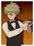  1boy alternate_costume amami_rantaro antenna_hair black_bow black_bowtie black_vest border bow bowtie bracelet closed_mouth danganronpa_(series) danganronpa_v3:_killing_harmony facing_to_the_side gradient_background green_hair hair_between_eyes highres holding jewelry long_sleeves mixing orange_background ring shaking shirt short_hair smile solo suiren_yurei upper_body vest white_border white_shirt 