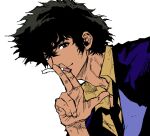  1boy black_hair black_necktie blue_jacket brown_eyes cigarette closed_mouth collared_shirt cowboy_bebop hand_up highres holding holding_cigarette jacket looking_at_viewer male_focus my_nameisyoon necktie shirt short_hair simple_background solo spike_spiegel upper_body v-shaped_eyebrows white_background yellow_shirt 