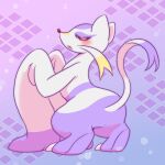  ambiguous_gender anthro blush claws cute_fangs dipstick_tail fur generation_5_pokemon looking_back markings mienshao mochimochi39mo nintendo open_mouth pokemon pokemon_(species) purple_body purple_fur purple_tail_tip red_eyes red_nose solo tail tail_markings white_body white_ears white_fur white_tail yellow_body yellow_fur 