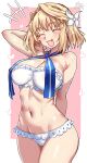  +++ 1girl absurdres arcueid_brunestud bandeau bare_shoulders bikini blonde_hair blush blush_stickers breasts cleavage closed_eyes ebora fang fate/grand_order fate_(series) flower hair_flower hair_intakes hair_ornament highres large_breasts navel neck_ribbon open_mouth ribbon short_hair smile solo strapless strapless_bikini swimsuit thighs tsukihime white_bikini 