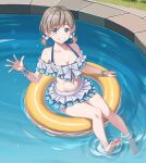  1girl afloat alternate_hairstyle arm_up barefoot bikini bikini_skirt blue_bikini blue_eyes blush breasts cleavage collarbone commentary_request floating floating_object frilled_bikini frills full_body grey_hair hair_ornament hand_up highres looking_at_viewer love_live! love_live!_superstar!! medium_breasts navel outdoors pool poolside short_hair skirt smile solo swimsuit tang_keke teeth tsukimi_seiya twintails water waving white_bikini 