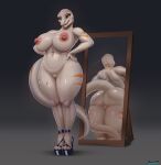  absurd_res anthro areola big_breasts big_butt black_sclera breasts butt clothing curvy_figure female footwear footwear_only genitals glistening glistening_body glistening_breasts glistening_butt glistening_scales hi_res high_heels high_heels_only huge_breasts markings mirror mirror_reflection mostly_nude mr_dark_and nipples nude pussy reflection reptile scales scalie scar shoes shoes_only solo standing tail thick_thighs voluptuous white_body white_scales wide_hips yellow_eyes 