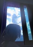  1girl backlighting bloom blue_sky braid cloud cloudy_sky commentary day facing_away facing_to_the_side from_below from_side grey_hair indoors kizuna_akari long_hair looking_outside open_window photo_background portrait shirt sky solo sunlight v_cho3 vocaloid voiceroid white_shirt window 