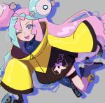  1girl ;d blurry boots character_hair_ornament eneko_(olavcnkrpucl16a) green_hair grey_background grey_footwear grey_shirt hair_ornament highres iono_(pokemon) jacket long_hair multicolored_hair one_eye_closed open_mouth pink_hair pokemon pokemon_(game) pokemon_sv sharp_teeth shirt single_leg_pantyhose sleeveless sleeveless_shirt sleeves_past_fingers sleeves_past_wrists smile solo star_(symbol) star_print teeth thigh_strap tongue twintails two-tone_hair upper_teeth_only yellow_jacket 