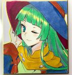  1girl blue_eyes blunt_bangs color_ink_(medium) green_hair hand_on_headwear hat highres long_hair looking_at_viewer miita one_eye_closed painting_(medium) photo_(medium) portrait rance_(series) simple_background smile solo traditional_media witch_hat 