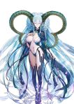  1girl aqua_hair bad_source braid breasts fate/grand_order fate_(series) full_body green_horns green_nails highres horns large_breasts larva_tiamat_(fate) long_hair navel panties tattoo thighs tiamat_(fate) underwear yamanaka_kotetsu 