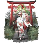  1girl animal_print arrow_(projectile) bahao_diqiu bare_tree butterfly_print ema floral_print flower flower_request foliage full_body fur-trimmed_kimono fur_trim girls&#039;_frontline green_hair hair_flower hair_ornament hamaya highres holding holding_arrow japanese_clothes kimono light_blush long_hair looking_at_viewer m950a_(girls&#039;_frontline) m950a_(the_elegance_of_tea_is_undefeated_by_the_snow)_(girls&#039;_frontline) multiple_torii new_year obi official_alternate_costume official_art okobo outdoors outstretched_hand parted_lips path sash shrine socks solo stairs standing standing_on_one_leg tabi torii transparent_background tree twintails white_kimono white_socks yellow_eyes 