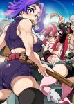  1boy 3girls absurdres ass bare_shoulders belt bikini bikini_top_only black_hair black_necktie black_shorts black_thighhighs boku_no_hero_academia bongfill boots breasts chainsaw_man closed_mouth crossover goggles hair_ornament hair_stick hat highres holding holding_goggles lady_nagant large_breasts long_hair long_nose looking_at_viewer looking_back makima_(chainsaw_man) micro_shorts mouth_hold multicolored_hair multiple_crossover multiple_girls necktie one_piece pink_hair pink_thighhighs ponytail purple_hair red_hair scarf shirt shorts sideboob sidelocks skull_hair_ornament smile swimsuit tengen_toppa_gurren_lagann thighhighs thighhighs_under_boots usopp white_shirt yoko_littner 