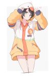  1girl absurdres animal_hood black_hair commentary cropped_legs drawstring green_eyes grin hands_up highres hololive hood hoodie jacket long_sleeves looking_at_viewer nishiki_yuno oozora_subaru short_hair simple_background sleeves_past_wrists smile solo virtual_youtuber white_background yellow_jacket 
