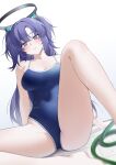  1girl barefoot bechu blue_archive blue_eyes blue_one-piece_swimsuit blush breasts covered_navel hair_ornament halo highres hose long_hair looking_at_viewer medium_breasts on_floor one-piece_swimsuit parted_lips purple_hair red_pupils sample_watermark school_swimsuit simple_background sitting solo spread_legs swimsuit tile_floor tiles two_side_up very_long_hair wet wet_clothes wet_swimsuit white_background yuuka_(blue_archive) 