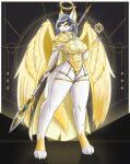  absurd_res angel arctic_fox big_breasts breasts canid canine cloak clothed clothing curvy_figure feathered_wings feathers female fox fur hi_res hourglass_figure magic mammal melee_weapon mostly_nude muriel_the_angel polearm skimpy sliver_hair solo spear stylized_background sulldfox thick_thighs thigh_strap weapon white_body white_fur wings yellow_body yellow_eyes yellow_fur 