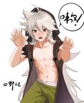  1boy ahoge fang genshin_impact gloves green_pants grey_hair hair_between_eyes highres hood hood_up huahua123569 long_hair male_focus navel nipples open_mouth pants razor_(genshin_impact) red_eyes solo white_background 