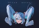 1girl absurdres barefoot blue_eyes blue_hair commentary_request full_body grey_background hair_between_eyes hair_ornament hatsune_miku highres lixiang_guo_alice long_bangs long_hair looking_at_viewer open_mouth shiteyan&#039;yo smile soles solo toes twintails vocaloid 