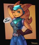  &lt;3 alien angela_cross anthro armor blush breasts bulging_breasts clothing extraterrestrial female genitals gloves handwear headgear helmet insomniac_games lombax mammal nipples pussy ratchet ratchet_and_clank solo sony_corporation sony_interactive_entertainment speech_bubble tight_clothing tobbywolf 