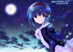  1girl 2019 black_jacket blue_hair casual character_name closed_mouth cloud commentary_request dated from_side full_body hair_between_eyes hairband happy_birthday jacket kurumi_rumi little_busters! long_sleeves looking_at_viewer moonlight night night_sky nishizono_mio open_clothes open_jacket orange_eyes outdoors red_hairband shirt short_hair sidelighting signature sky smile solo tareme upper_body water_drop white_shirt 