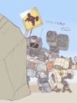  battle_of_titans bully_(battle_of_titans) cannon chibi extra_legs gatling_gun glaring glint hiding hiding_behind_another hozukikasumi little_shon_(battle_of_titans) mecha mechanical_legs mechanical_parts minigun mite_(battle_of_titans) road_sign robot rock sign signature walker 