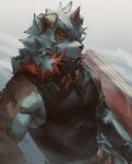  2022 anthro arknights ashu_monster canid canine canis clothed clothing domestic_dog fur gloves hair handwear hi_res horn hung_(arknights) hypergryph long_hair mammal orange_hair orange_horn riot_shield solo studio_montagne tan_body tan_fur white_body white_fur yellow_eyes 