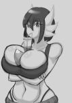  2021 absurd_res arm_under_breasts beverage big_breasts breasts bubble_tea clothing container crossed_arms cup drinking eye_through_hair female grey_background greyscale hair hands-free_bubble_tea hi_res huge_breasts humanoid looking_at_viewer meme monochrome not_furry roselia_the_gardevoir roselia_van_blanc shirt short_hair simple_background sketch solo tank_top thong_straps topwear translucent translucent_hair 