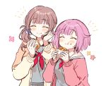  2girls :t ^_^ apple_pie blue_scrunchie blunt_bangs blush_stickers breasts brown_hair cardigan closed_eyes closed_mouth commentary commission dot_nose facing_viewer flower_(symbol) food food_in_mouth friends grey_serafuku grey_stripes hair_flaps hair_ornament hair_scrunchie hand_on_own_cheek hand_on_own_face hand_up holding holding_food long_hair long_sleeves low_side_ponytail mochizuki_honami multiple_girls neckerchief notice_lines ootori_emu pie pink_cardigan pink_hair pjmiyo project_sekai red_neckerchief sailor_collar school_uniform scrunchie serafuku short_hair side-by-side side_ponytail simple_background small_breasts smile striped unbuttoned upper_body wavy_hair white_background white_sailor_collar wrapper yellow_cardigan 