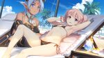  2girls arm_up armpits beach bikini black_bikini blue_eyes blue_hair blue_sky bonny_kalar breasts chair cleavage cocktail dark-skinned_female dark_elf dark_skin day detached_collar drill_hair earrings elf evenicle_2 forehead_jewel game_cg jewelry large_breasts looking_at_viewer lounge_chair lying multiple_girls non-web_source on_back outdoors palm_tree parted_lips pink_hair pointy_ears purple_eyes rona_heinlein sand shade side-tie_bikini_bottom sky small_breasts smile squatting sunlight swimsuit takkun_(alicesoft) tan tanlines tree twin_drills 
