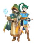  1boy 1girl belt book boots brown_hair child closed_mouth dress female_child fire_emblem fire_emblem:_the_blazing_blade fire_emblem_heroes full_body green_eyes grey_hair hair_between_eyes high_ponytail highres holding holding_book hood jewelry knee_boots long_hair looking_at_viewer lyn_(fire_emblem) magic male_child mark_(fire_emblem:_the_blazing_blade) necklace non-web_source official_art open_mouth ponytail sheath sheathed shoes short_dress short_hair short_sleeves shorts smile standing sword transparent_background turtleneck vambraces wada_sachiko weapon 