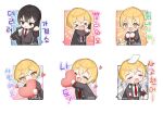  &gt;_&lt; 1girl 2boys bird black_coat black_hair black_jacket black_vest blonde_hair burger chick coat collared_shirt crying don_quixote_(limbus_company) food heart holding holding_food jacket limbus_company love_mintchoco multiple_boys multiple_views necktie paper project_moon red_necktie shirt short_hair simple_background sinclair_(limbus_company) sparkling_eyes speech_bubble vest white_background white_shirt yellow_eyes yi-sang_(limbus_company) 