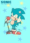  1boy black_eyes blue_background blue_fur copyright_name english_commentary finger_wagging full_body furry furry_male gloves hedgehog hedgehog_ears highres holding holding_microphone_stand jradical2014 looking_at_viewer microphone_stand quill red_footwear shoes signature sneakers sonic_(series) sonic_the_hedgehog star_(symbol) starry_background white_gloves 