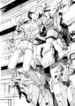  1girl 3others belt blurry blurry_background breasts cup drinking_straw emma_sheen floating greyscale gundam hair_behind_ear hangar highres holding holding_cup kaeru_no_papa mecha medium_breasts mobile_suit monochrome multiple_others open_hand outstretched_arm pilot_suit robot science_fiction short_hair spacesuit v-fin zeta_gundam 
