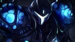  1girl armor blue_light facing_viewer glowing grey_background helm helmet highres metroid portrait power_suit samus_aran solo xuuikie_ashe 