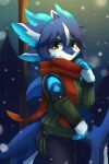  4_ears anthro artist_name black_nose blue_body blue_fur blue_hair blue_horn blue_tail blush clothed clothing fur glistening glistening_eyes green_clothing green_eyes green_topwear hair hi_res horn kuttoyaki legwear mouth_closed multi_ear portrait snow snowing solo species_request standing tail three-quarter_portrait topwear white_body white_fur white_tail 