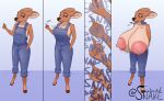  5_fingers anthro big_breasts big_nipples blue_background breast_expansion breasts brown_nose clothed clothing comic deer expansion female fingers fur hi_res huge_breasts inner_ear_fluff magic mammal nipples overalls pink_nipples pupils sally_(somekindofsnake) simple_background solo somekindofsnake standing tan_body tan_fur tan_inner_ear_fluff tuft 
