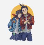  1boy 1girl ace_attorney adapted_costume alternate_costume alternate_eye_color antenna_hair apollo_justice apollo_justice_(stylin&#039;_street_clothes) arm_grab backpack badge bag blue_jacket blue_pants blue_skirt brother_and_sister brown_eyes brown_hair button_badge closed_mouth cowboy_shot cropped_legs crossed_arms grabbing_another&#039;s_arm hand_in_pocket highres jacket kaeru_(qingwali) looking_at_viewer matching_outfits medium_hair official_alternate_costume pants pleated_skirt red_scarf scarf shirt short_hair siblings skirt sleeves_past_elbows smile trucy_wright twitter_username white_background white_shirt 