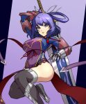  1girl ao_no_kiseki blue_eyes breasts chinese_clothes eiyuu_densetsu gauntlets highres holding holding_sword holding_weapon huge_breasts huge_weapon looking_at_viewer mary_janes purple_hair rixia_mao shoes spottylen sword thighhighs weapon zero_no_kiseki 