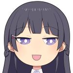  1girl :d black_hair blunt_bangs blush braid bright_pupils commentary_request french_braid hospital_king long_hair looking_down medium_bangs nijisanji open_mouth portrait purple_eyes simple_background smile solo tsukino_mito virtual_youtuber white_background white_pupils 