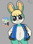  absurd_res animal_crossing anthro black_eyes blue_body blue_fur crossgender ebiinari female fur genitals hands_in_both_pockets happy hi_res jacket_only lagomorph leporid mammal navel nintendo pussy rabbit sasha_(animal_crossing) solo 