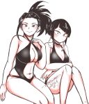  2girls belly bikini black_bikini black_hair blush boku_no_hero_academia breasts choker cleavage clothing_cutout collarbone highres jirou_kyouka large_breasts long_hair looking_at_viewer medium_breasts midriff midriff_peek multiple_girls navel nkmnhr one-piece_swimsuit short_hair signature simple_background sitting smile stomach_cutout swimsuit white_background yaoyorozu_momo 