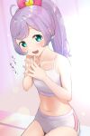  1girl :d absurdres ahoge aqua_eyes bare_arms bare_shoulders blush bow bra breasts cameltoe clothes_writing collarbone covered_nipples cowboy eyelashes hair_bow hair_ornament hands_up heart heart_hair_ornament highres interlocked_fingers kono_shiro_(kono46_pxv) light_purple_hair long_hair looking_at_viewer manaka_lala midriff navel open_mouth own_hands_together panties pretty_(series) pripara purple_hair red_bow sitting small_breasts smile solo sports_bra sportswear swept_bangs twintails underwear underwear_only white_bra white_panties 