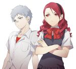  1boy 1girl aged_down bandaid bandaid_on_face bandaid_on_nose black_hairband black_sweater_vest closed_mouth collared_shirt crossed_arms grey_eyes grey_hair hairband isa_(peien516) kirijou_mitsuru long_hair persona persona_3 red_eyes red_hair sanada_akihiko school_uniform shirt short_sleeves simple_background sweater_vest upper_body white_background white_shirt 