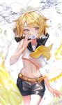  1girl absurdres air_bubble bare_arms bare_shoulders bass_clef belt black_sailor_collar black_shirt blonde_hair blue_eyes bow bubble crop_top flower flower_over_mouth food fruit hair_bow hair_ornament hairclip half-closed_eyes highres inuyama_(1109) kagamine_rin lemon lemon_slice looking_at_viewer midriff narrow_waist navel neckerchief sailor_collar sailor_shirt see-through see-through_shirt shirt shorts skinny sleeveless sleeveless_shirt solo submerged vocaloid white_bow yellow_belt yellow_neckerchief 