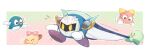  :d ^^^ armor blue_cape blush blush_stickers border bow cape cape_tug character_request closed_eyes commentary_request fallen_down flying_sweatdrops furrowed_brow gloves gradient_background kirby:_right_back_at_ya kirby_(series) lalala_(kirby) lololo_(kirby) looking_at_another mask meta_knight midooka_(o_k_k) no_humans open_mouth outside_border pauldrons pink_bow purple_eyes shoulder_armor simple_background smile white_border white_gloves yellow_bow yellow_eyes 